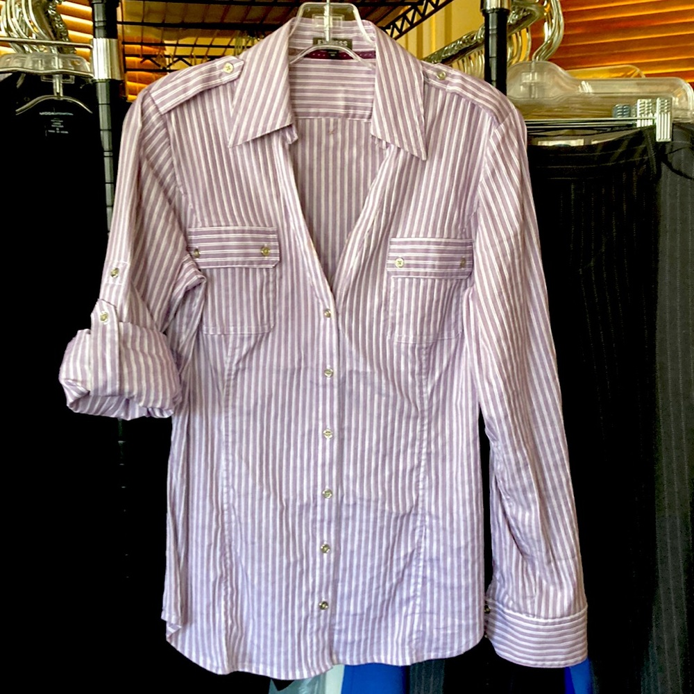 Express Button Down Dress Shirt with Metal Button Detail - Sleeves can Roll Up